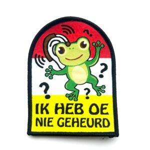 Ik heb oe nie geheurd Oeteldonk embleem met kikker met gehoorapparaat van 10 x 7 cm op carnavalsjas